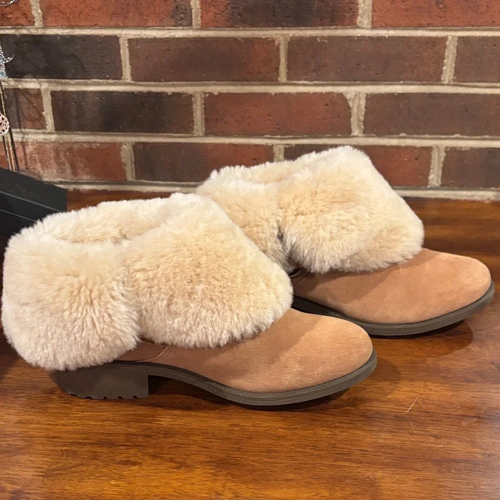 UGG Chestnut Suede Fur-Lined Ankle Boots with Buckle - Picture 12 of 16